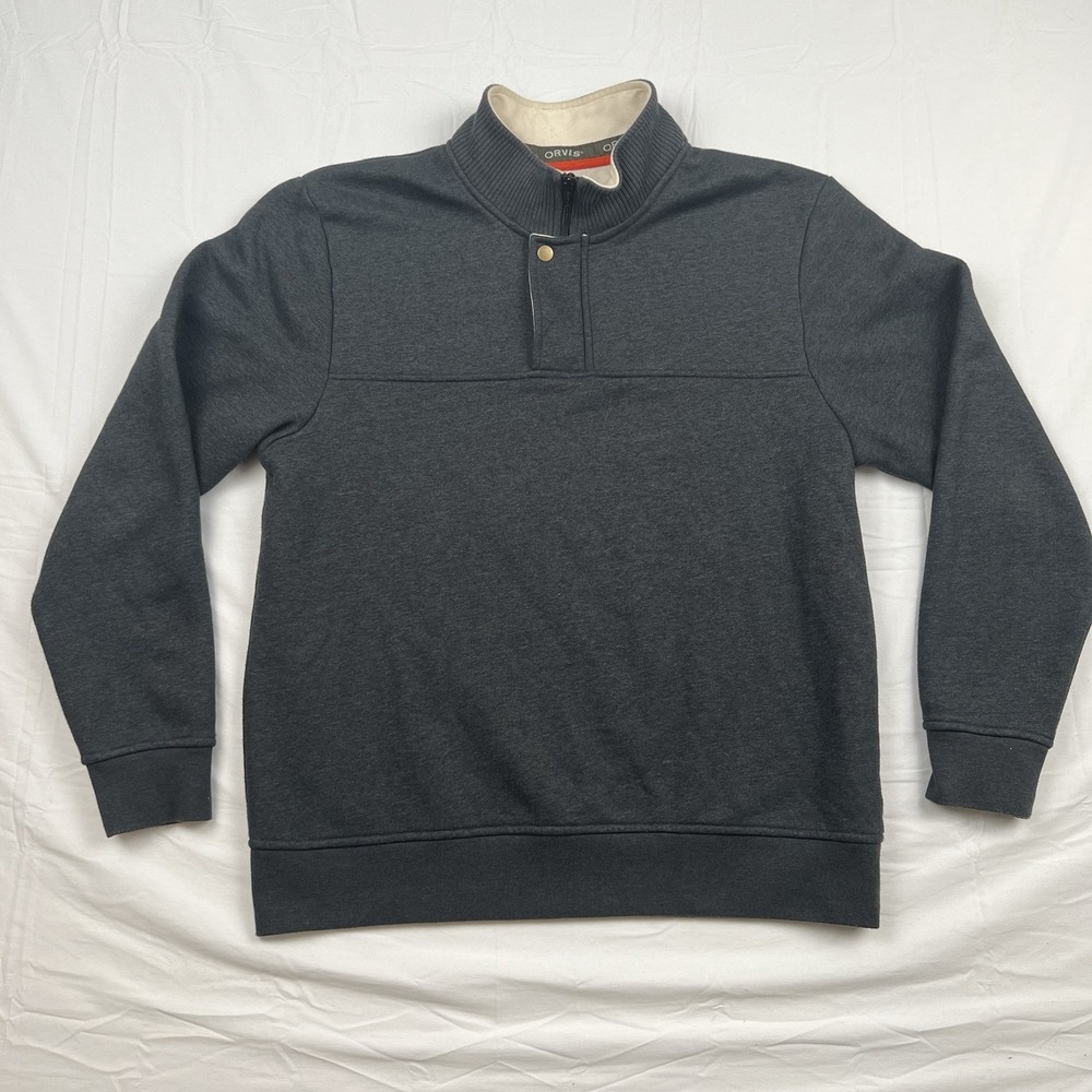 Orvis Mens Fleece Lined Pullover Sweatshirt Quarter Zip Charcoal Gray Warm Large